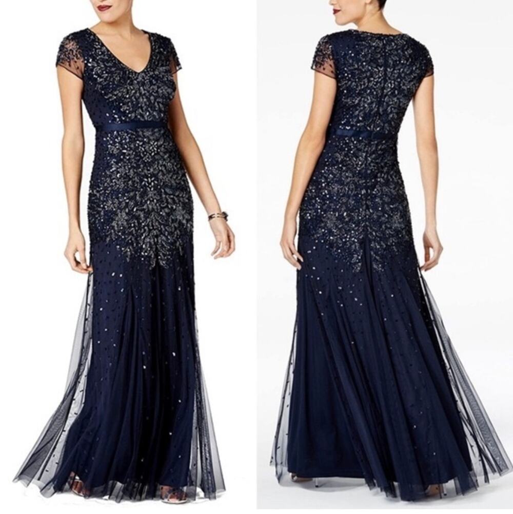 Adrianna Papell Midnight Blue Sequin Beaded Cap Sleeve V-Neck Formal Gown